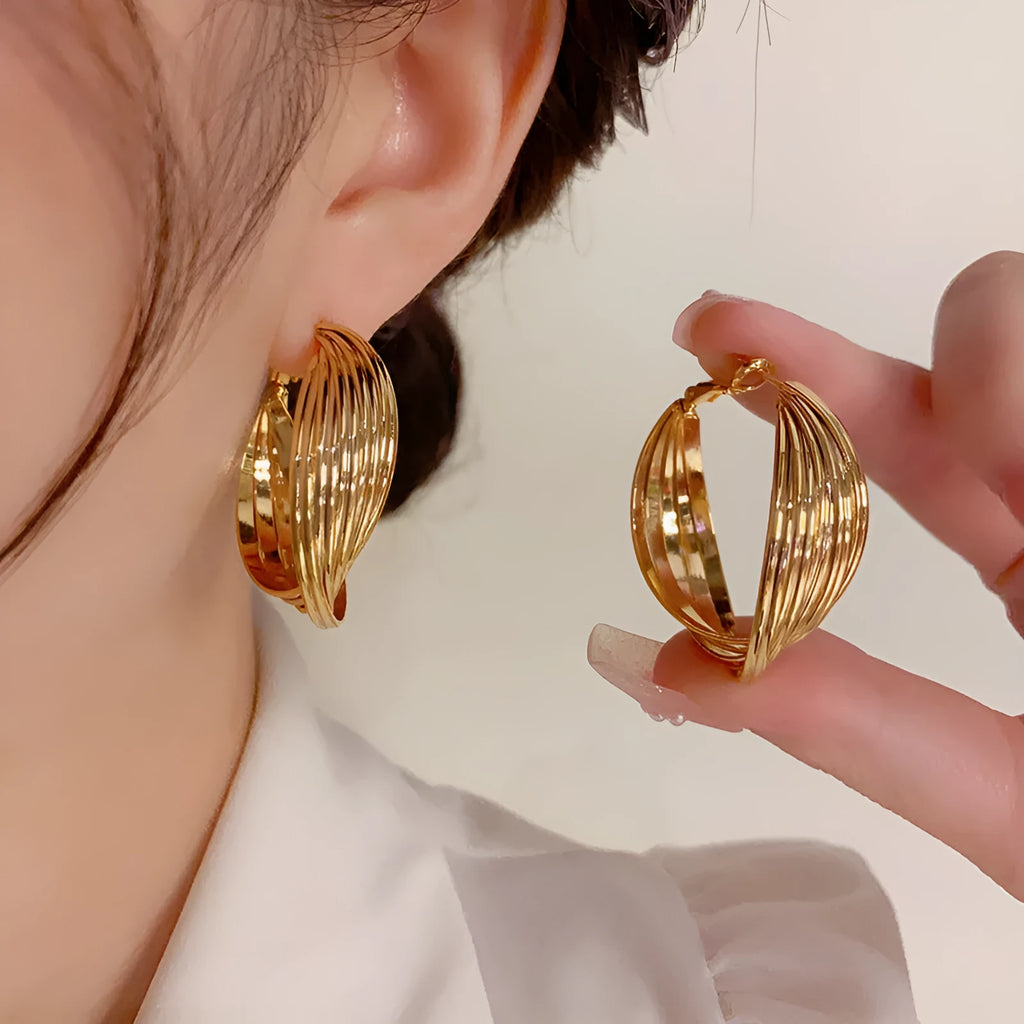 Twisted metal eardrop earring real gold plated round geometric drop earring gold colour stranded multi-layer design