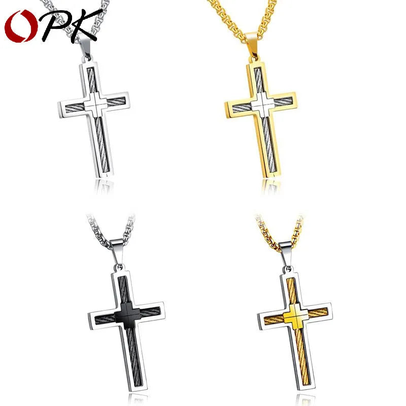 Titanium steel cross pendant necklace with geometric design, 550mm chain, gold finish option