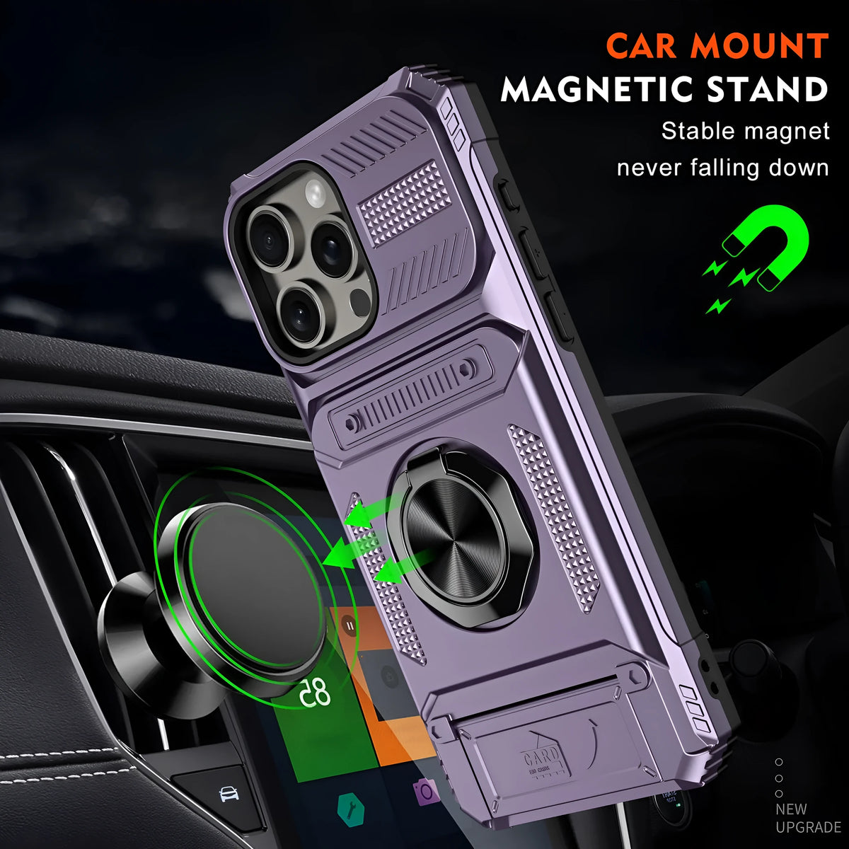 Drop-resistant phone case with hidden card slot and built-in bracket in black for iPhone