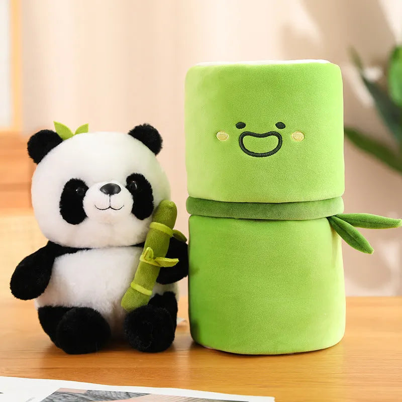 Plush panda pillow holding bamboo stalk, 25cm tall with PP cotton filling
