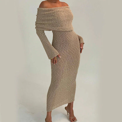 A one-shoulder knit maxi dress in various colors, perfect for beach vacations and summer getaways