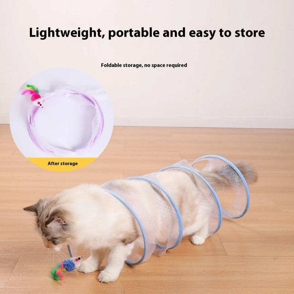 S-type cat tunnel toy with steel wire frame, elastic net walls and attached feather teaser element
