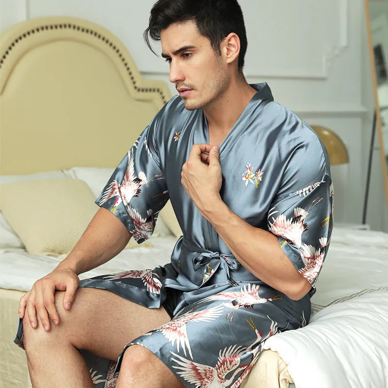 Men's mid-length artificial silk nightgown in cardigan style, black colour, size M-3XL