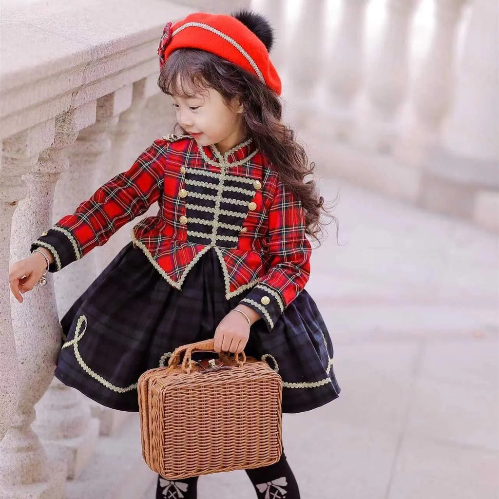 Children's red check polyester princess dress size 80-150cm