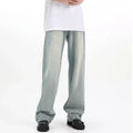 Blue retro-style loose casual trousers made from rabbit fur on a size chart.