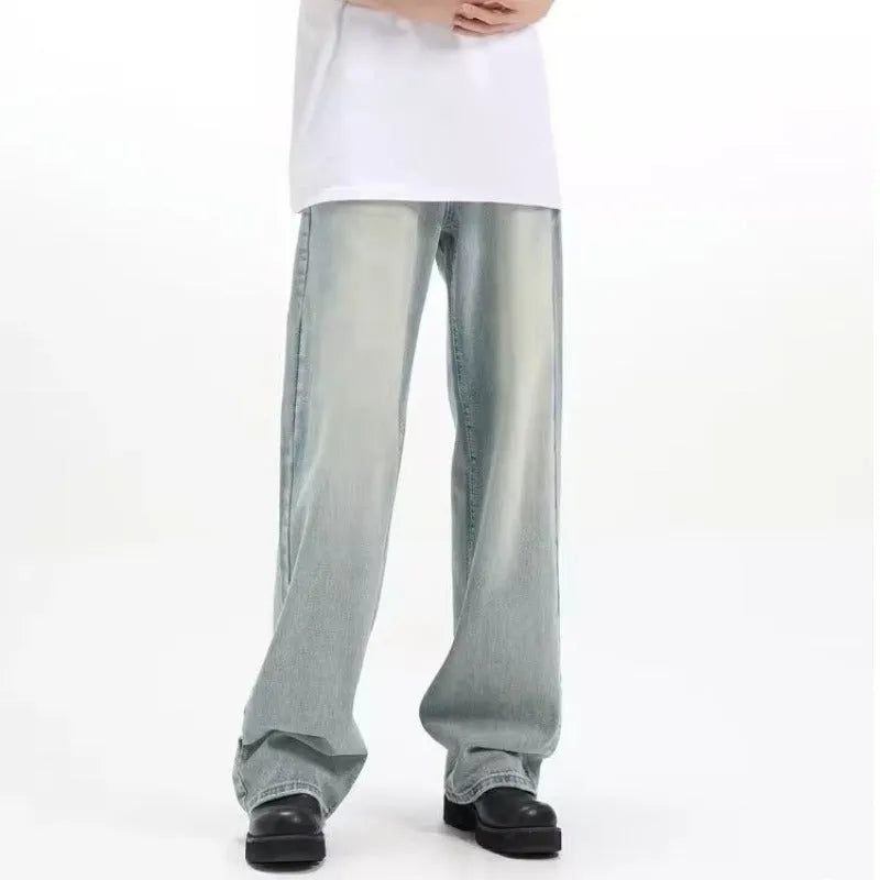 Blue retro-style loose casual trousers made from rabbit fur on a size chart.