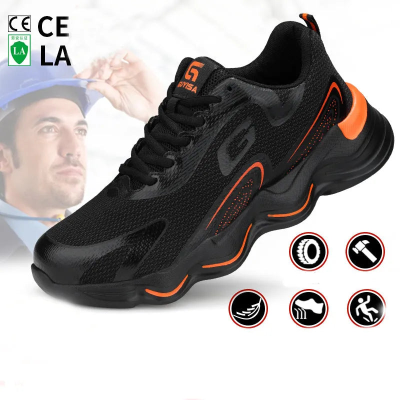 Steel toe work safety shoes for men, black blue trim, fly weaving upper, Kevlar midsole, PU nonslip sole, low top, sizes 39-44.