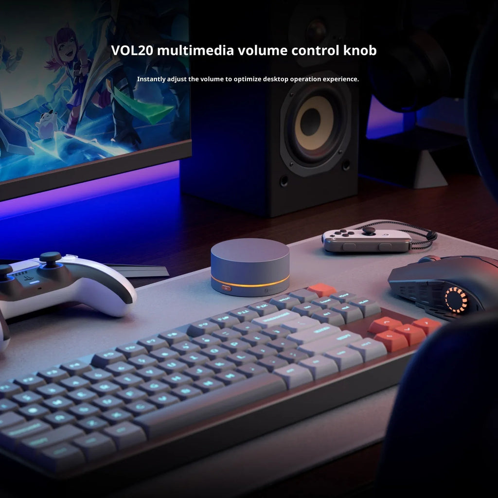 Black VOL20 USB volume controller on desk with rotary knob and cable