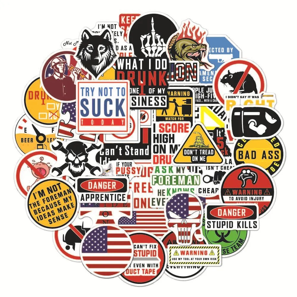 Pack of 50 waterproof PVC warning stickers for motorcycle helmets and skateboards.