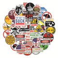 Pack of 50 waterproof PVC warning stickers for motorcycle helmets and skateboards.