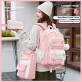 Waterproof pink school backpack for girls with curved straps and a matching pencil case.