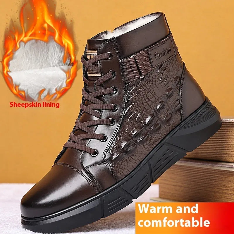 Men's black genuine leather snow boots with fur lining, velvet toe accent, and a lace-up front.