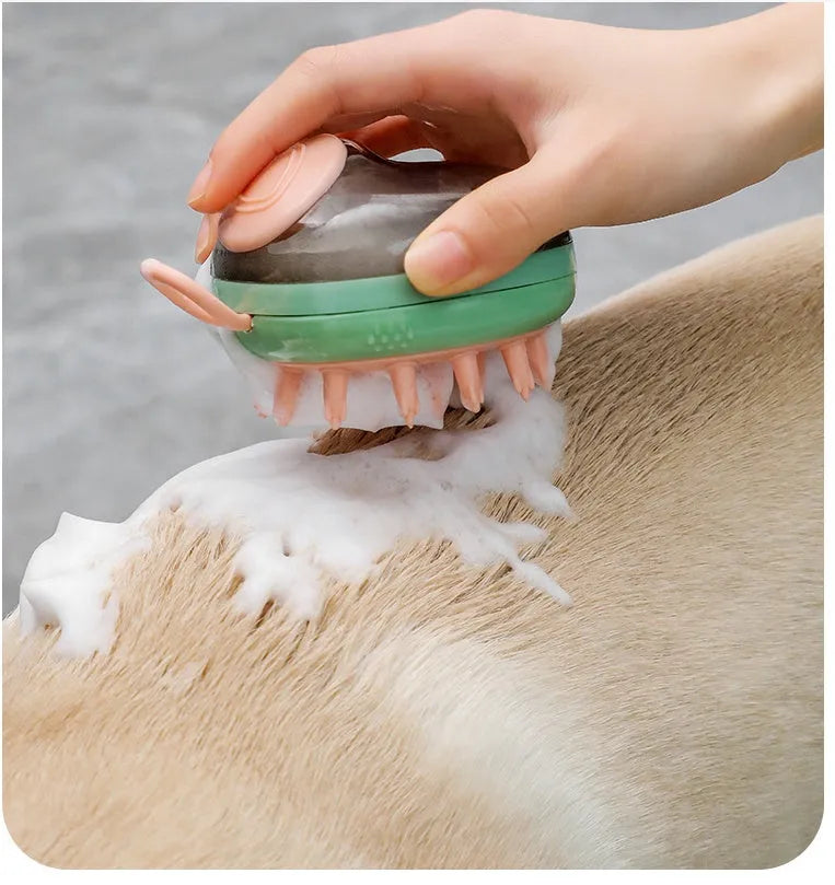 Blue and green 2-in-1 pet grooming brush with shampoo dispenser and silicone bristles