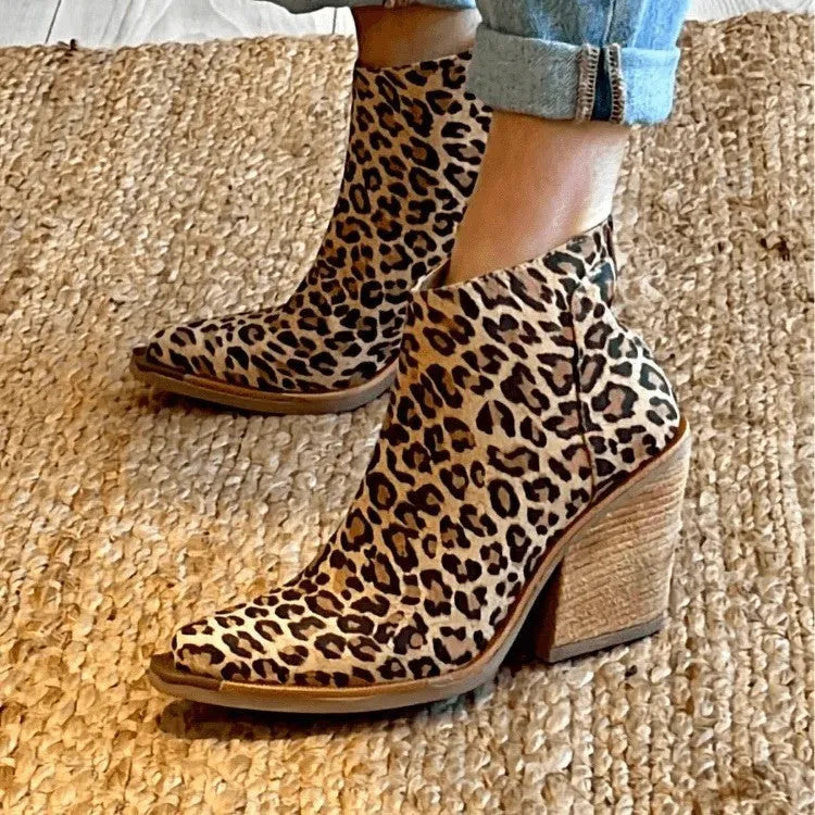 Leopard print pointed toe ankle boots for women with back zipper, high heel above 8cm and rubber sole