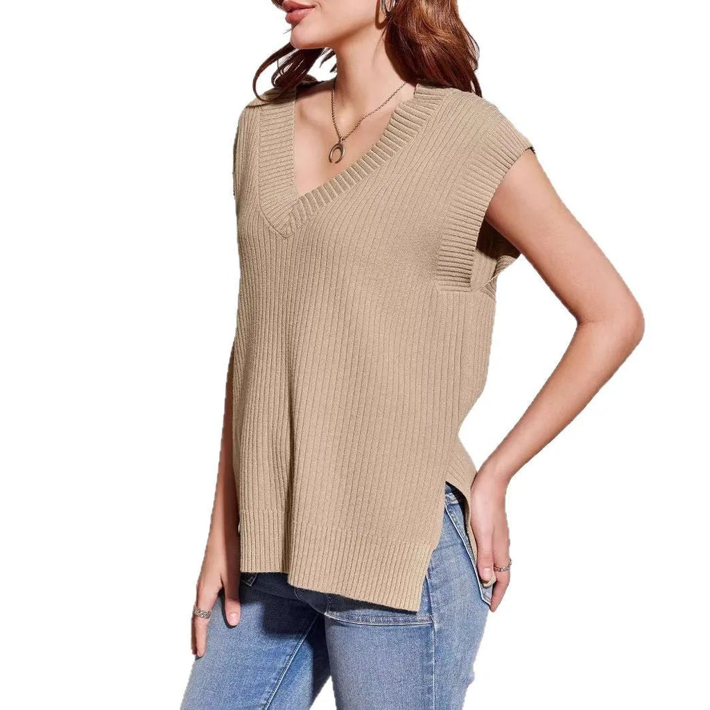 Women's camel and white V-neck sleeveless loose pullover vest with striped or plaid patterns