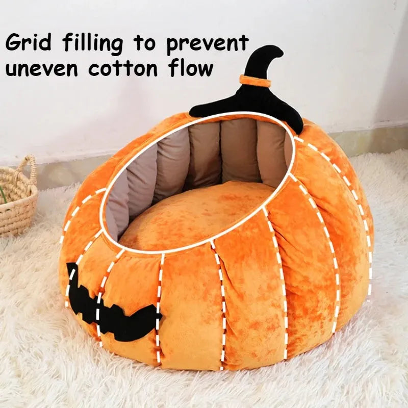 Halloween pumpkin design plush cat bed for cats and small dogs in orange colour.