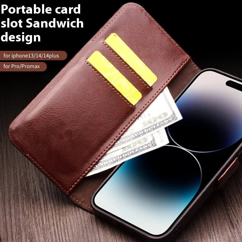 Magnetic flip genuine leather phone cover for iPhone 13 and 14 models in black, brown, coffee or light brown.