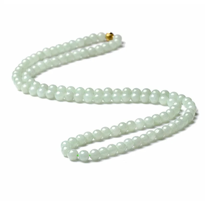 Adjustable jade bead necklace with 6.5mm round beads showing white and green colour variations