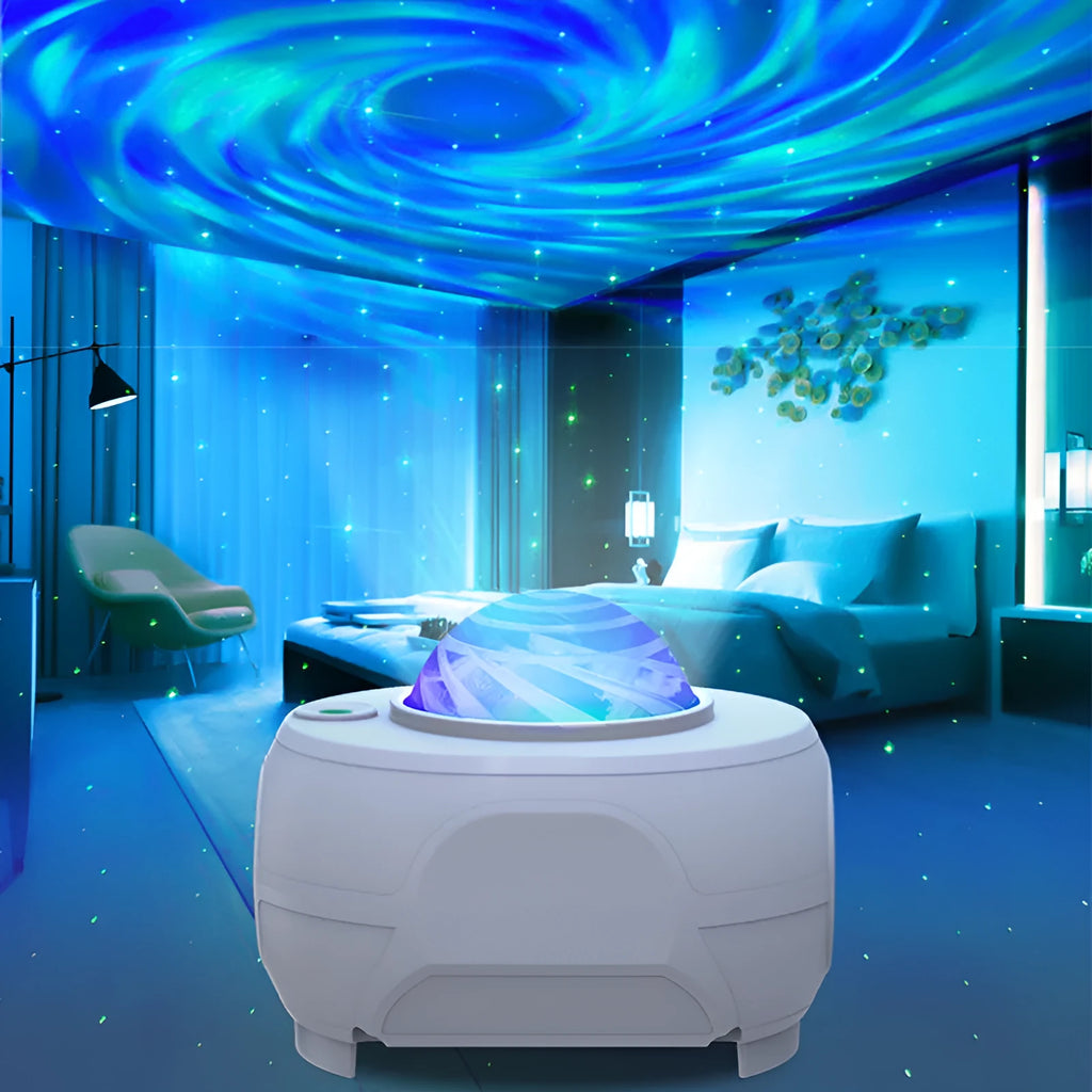 White swirl moon full star laser atmosphere lamp with remote control on a table