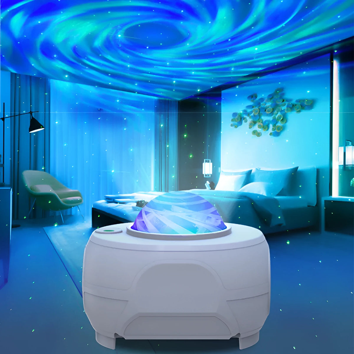 White swirl moon full star laser atmosphere lamp with remote control on a table
