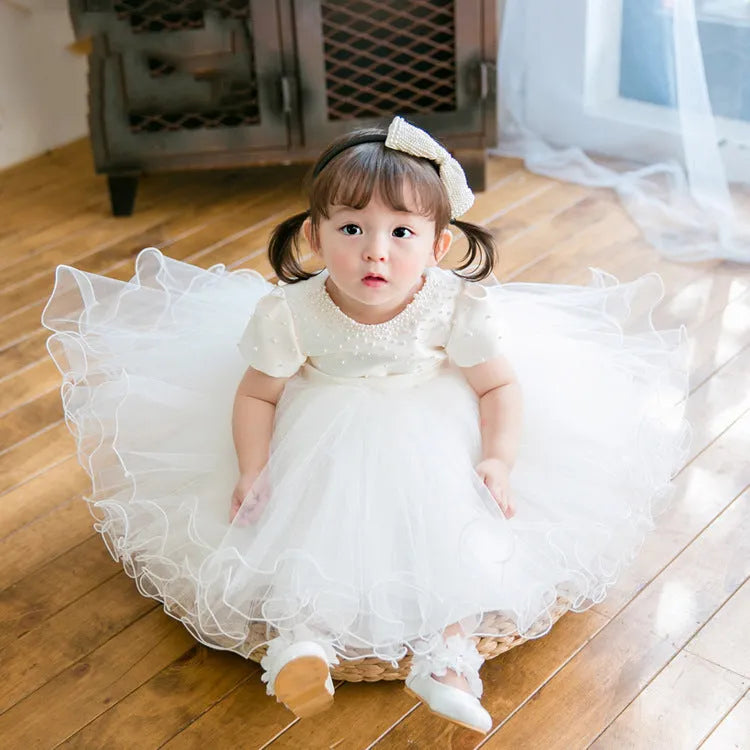 White polyester baby full-year banquet dress with bubble skirt, suitable for heights 80cm to 140cm