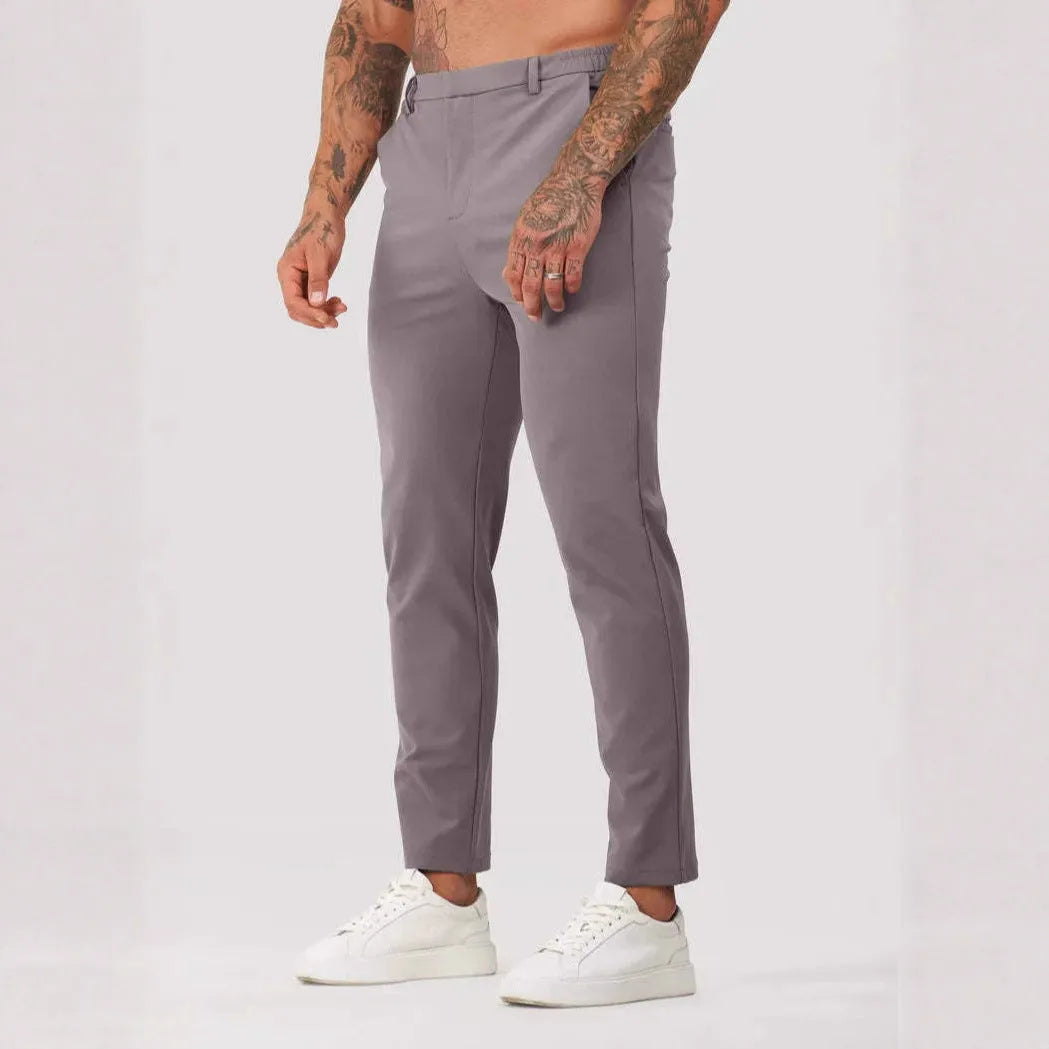 Solid colour casual men's suit pants with straight leg and button fly in black