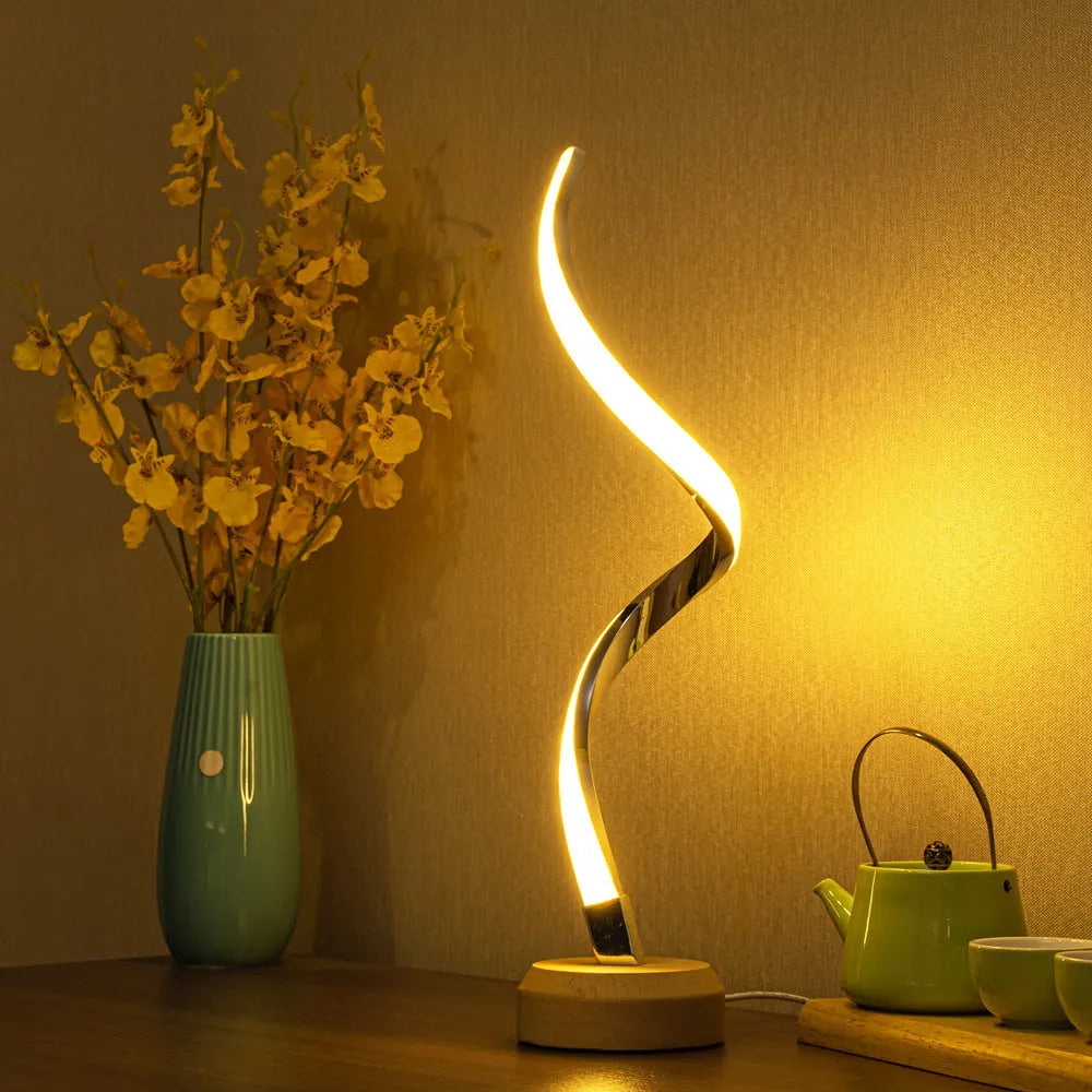 LED spiral table lamp with wooden base, USB power, touch dimming, and warm white light panel for bedside or desk.