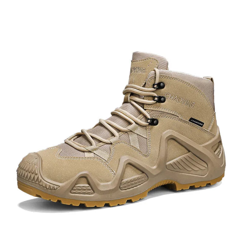 Men's canvas tactical desert boots in black with rubber sole and lace-up front