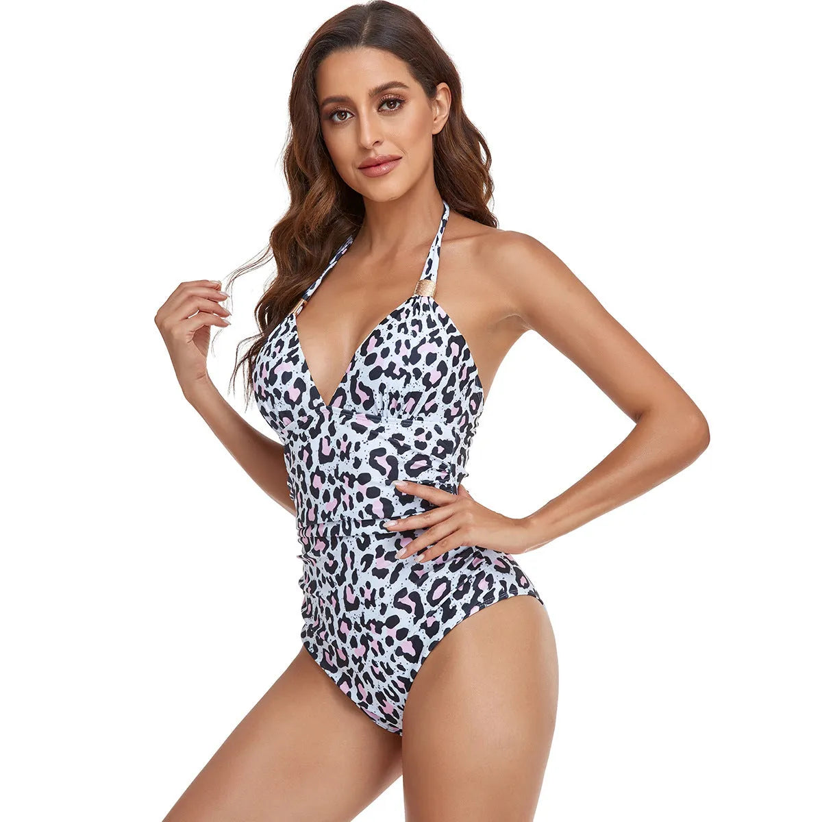 Women's backless one-piece swimsuit in leopard print and solid colours