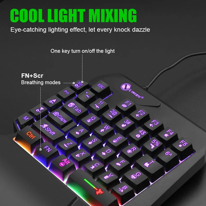 GK103S one-handed luminous gaming mechanical keyboard with mouse converter on a desk.
