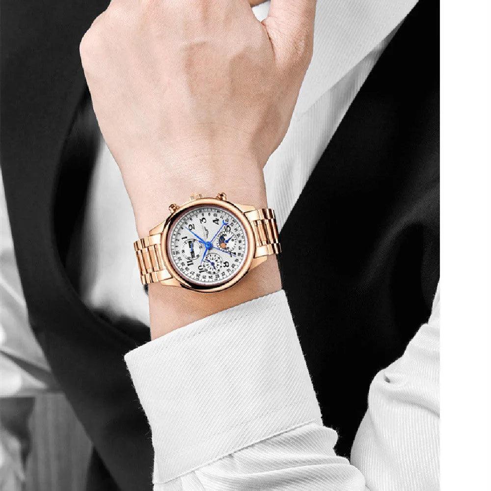 Men's mechanical wristwatch with perpetual calendar and moon phase display on a leather strap.
