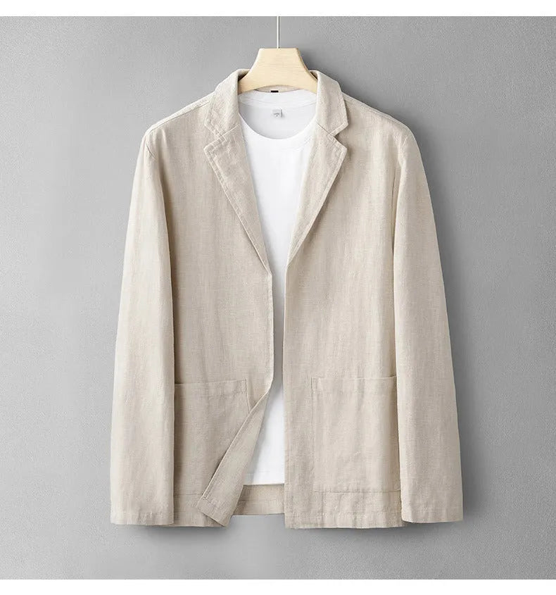 Men's linen casual suit set in solid colour with long sleeve jacket and trousers, available in apricot gray navy blue