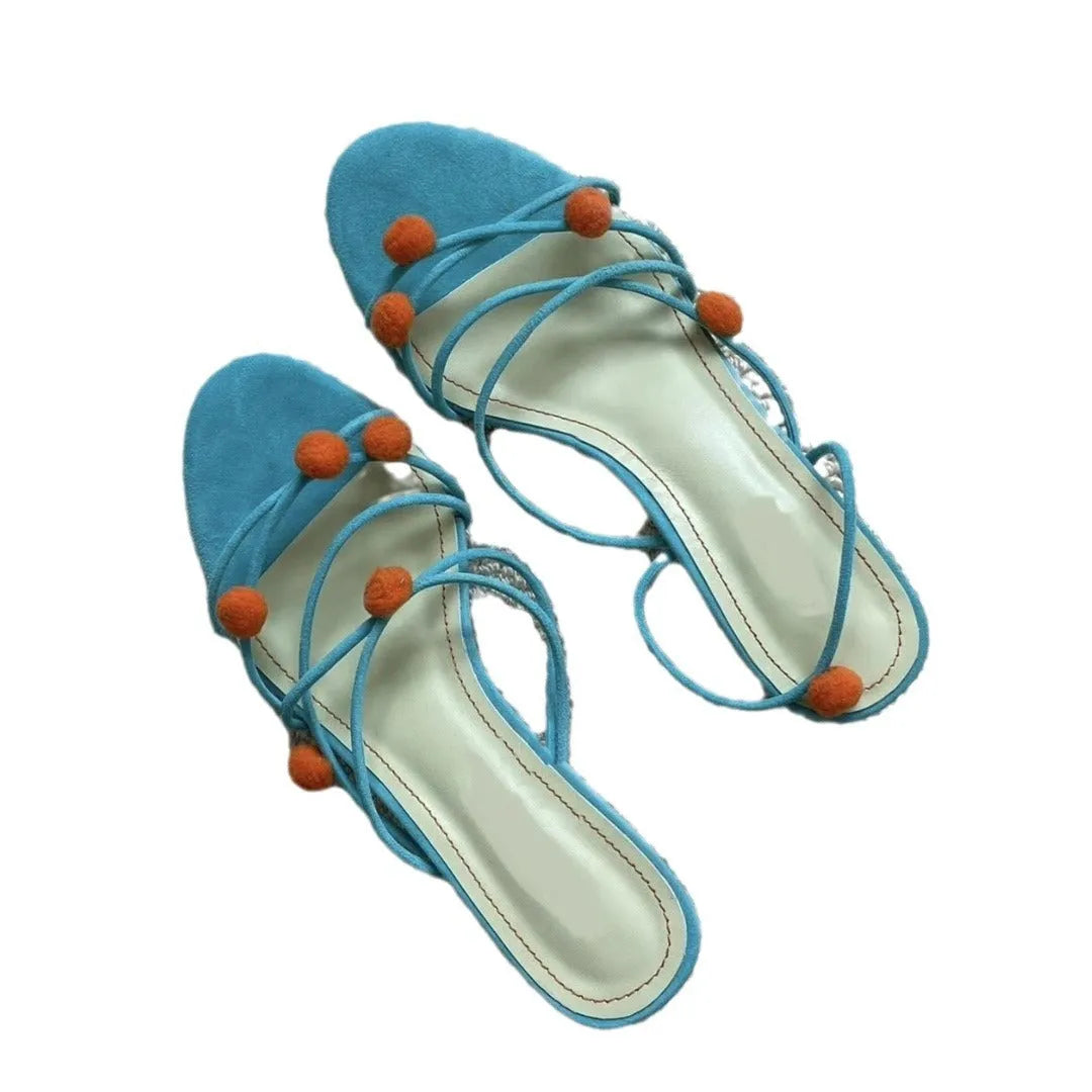 Cyan French leather women's high-heeled sandals with lace-up design and open toe