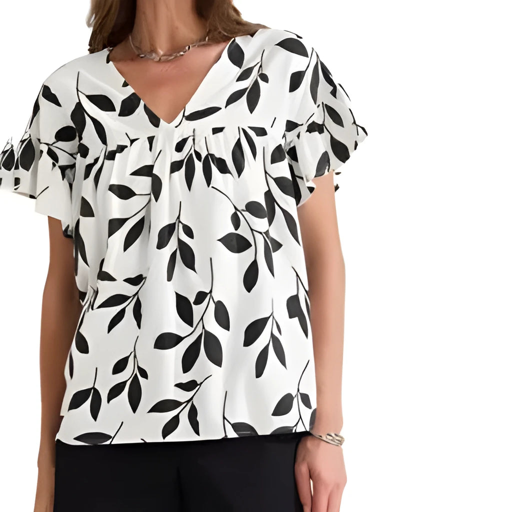 Light gray loose-fit printed short-sleeve pullover top in cotton-polyester, sizes S to XXXL