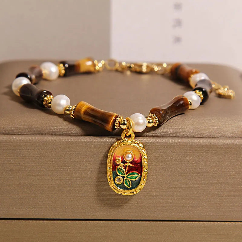 Chinese style stone bamboo glass bracelet for women in amber, green or purple colours