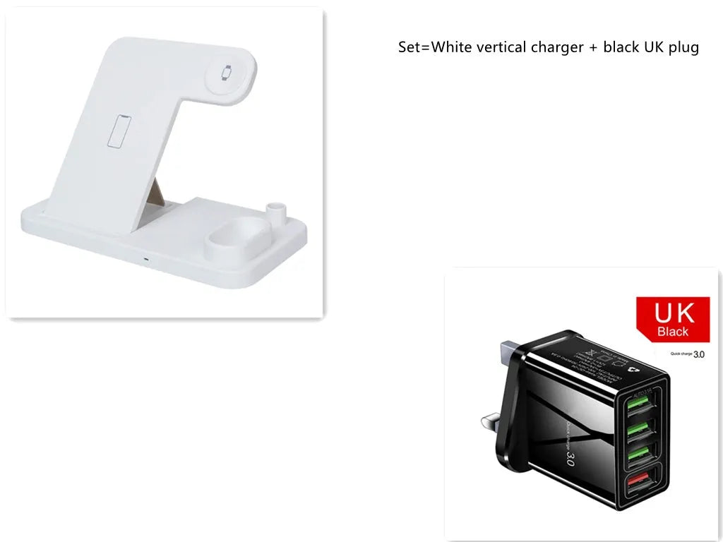Black 4-in-1 wireless charging station with phone on adjustable stand, charging Apple Watch, AirPods, and Apple Pencil.