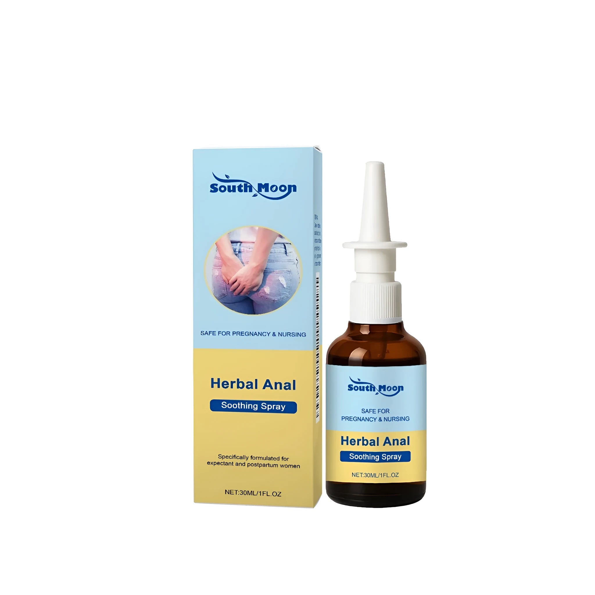 30 ml bottle of female perianal soothing spray with spray nozzle.