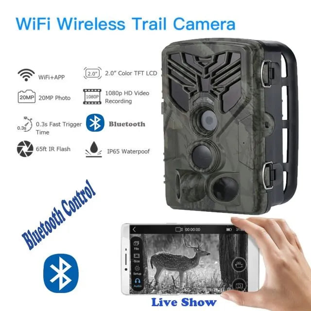 Wifi830 trail camera with camouflage finish, showing lens, IR LEDs, and mounting strap.