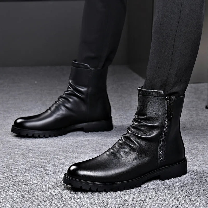 Men's black leather high-top Martin boots with side zipper and wedge heel, winter style