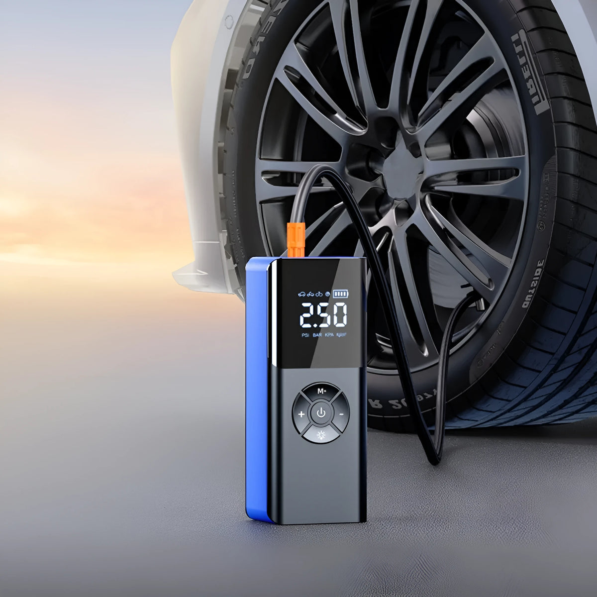 Blue wireless portable car tyre inflator with digital display and warning light