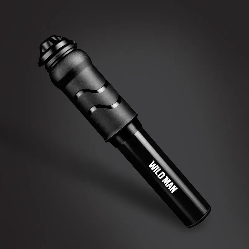 WILD MAN portable mini bike pump in Black or Silver, 158mm stored length, approximately 100PSI, Presta and Schrader valve switch