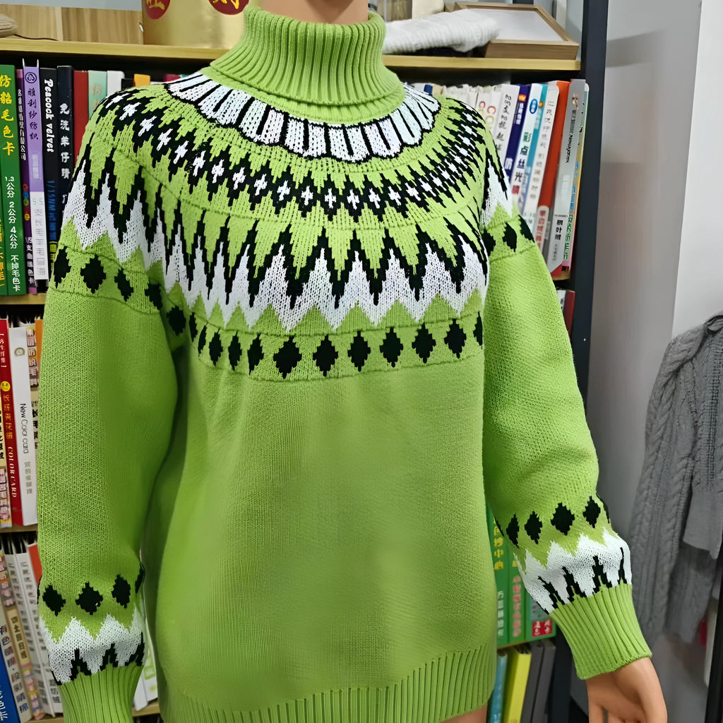 Jacquard knitted pullover sweater in acetate fibre, long sleeve, nine colours, sizes S to XXXL.