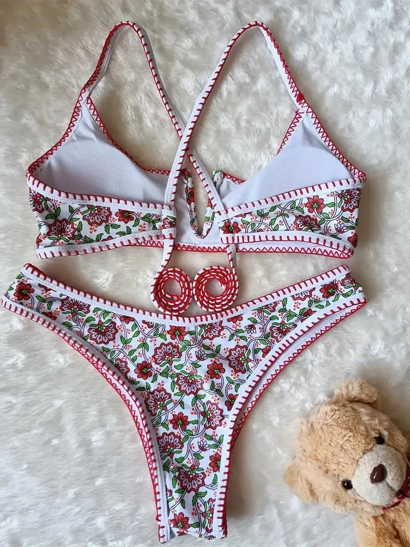Women's V-neck one-piece swimsuit with floral print in quick-dry polyester fabric