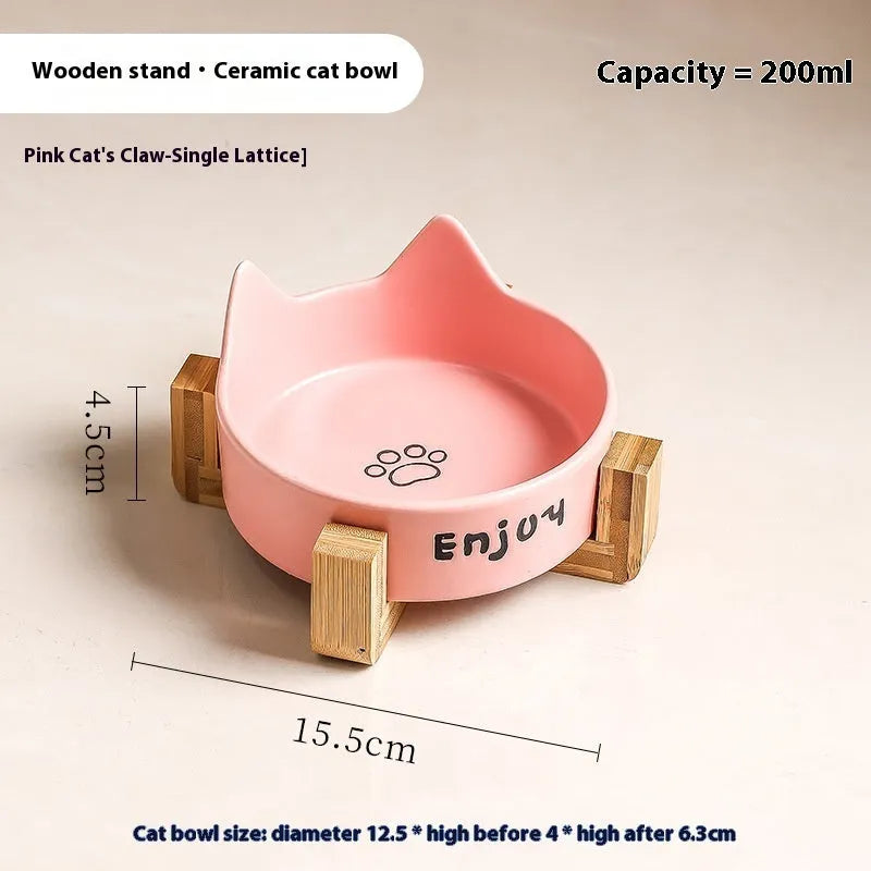 Porcelain cat bowl with cat ears rim and wooden anti-tumble frame in selected colour