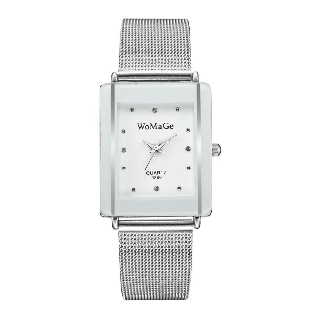 Fashion simple rectangular dial couple watch in white with metal case and glass face