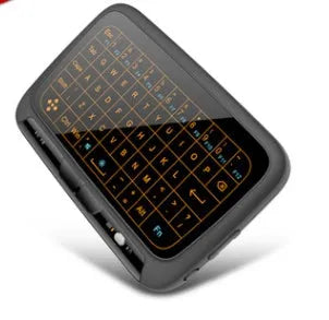 H18 mini wireless keyboard in black with touchpad, mouse wheel, and backlit keys