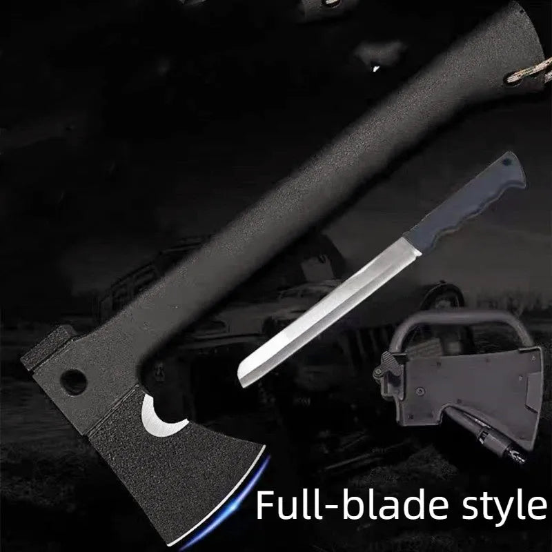 Black multifunctional outdoor survival tactical axe with stainless steel blade and K sheath, 35.3cm long, on a dark background.