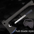 Black multifunctional outdoor survival tactical axe with stainless steel blade and K sheath, 35.3cm long, on a dark background.