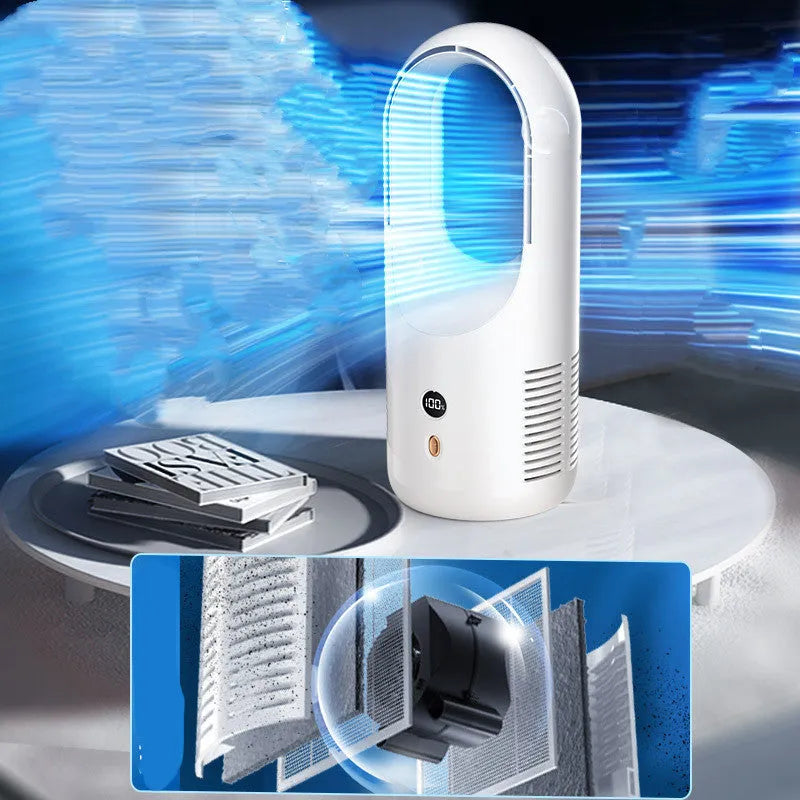 White bladeless desktop fan with LED display, shown on a wooden desk