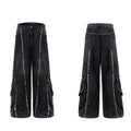 Black loose-fit denim jacket and trouser set with a splash-dye gradient pattern and padded shoulders.